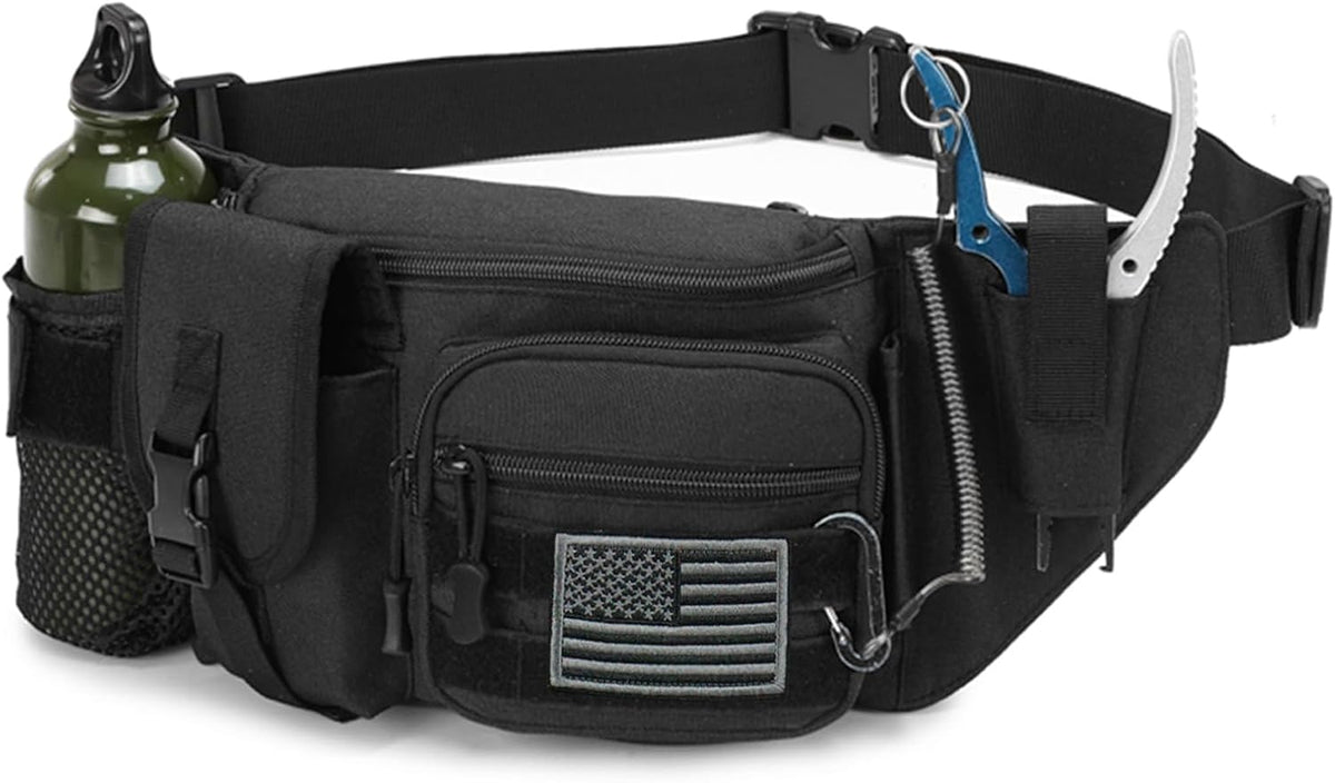 Tactical Fanny Pack For Men, Military Waist Bag Adjustable Hip Belt BumBag EDC Bags for Outdoor Fishing Hiking Hunting with Bottle Holder Pouch and US Flag Patch (Black)