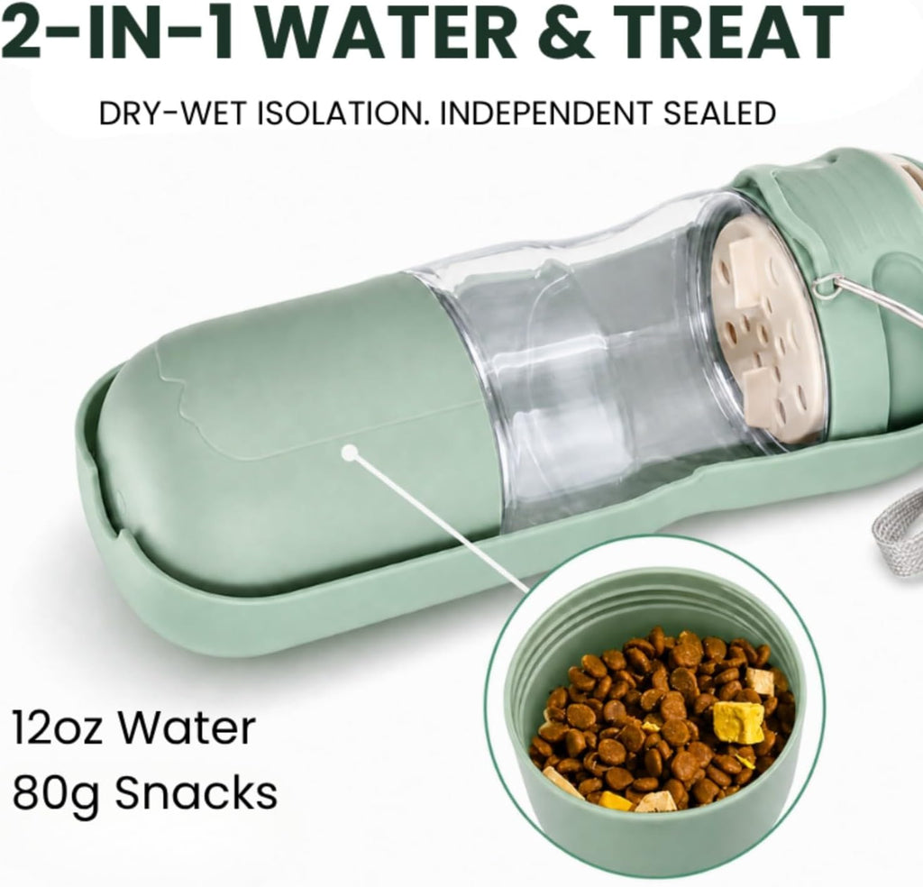 2 in 1 Portable Dog Water Bottle, Leak-Proof Pet Water Dispenser with Food Container, BPA Free Travel Dog Water Bottle with Filter, Hygienic Flip Cover Drinking Feeder for Walking Outdoor (Green)