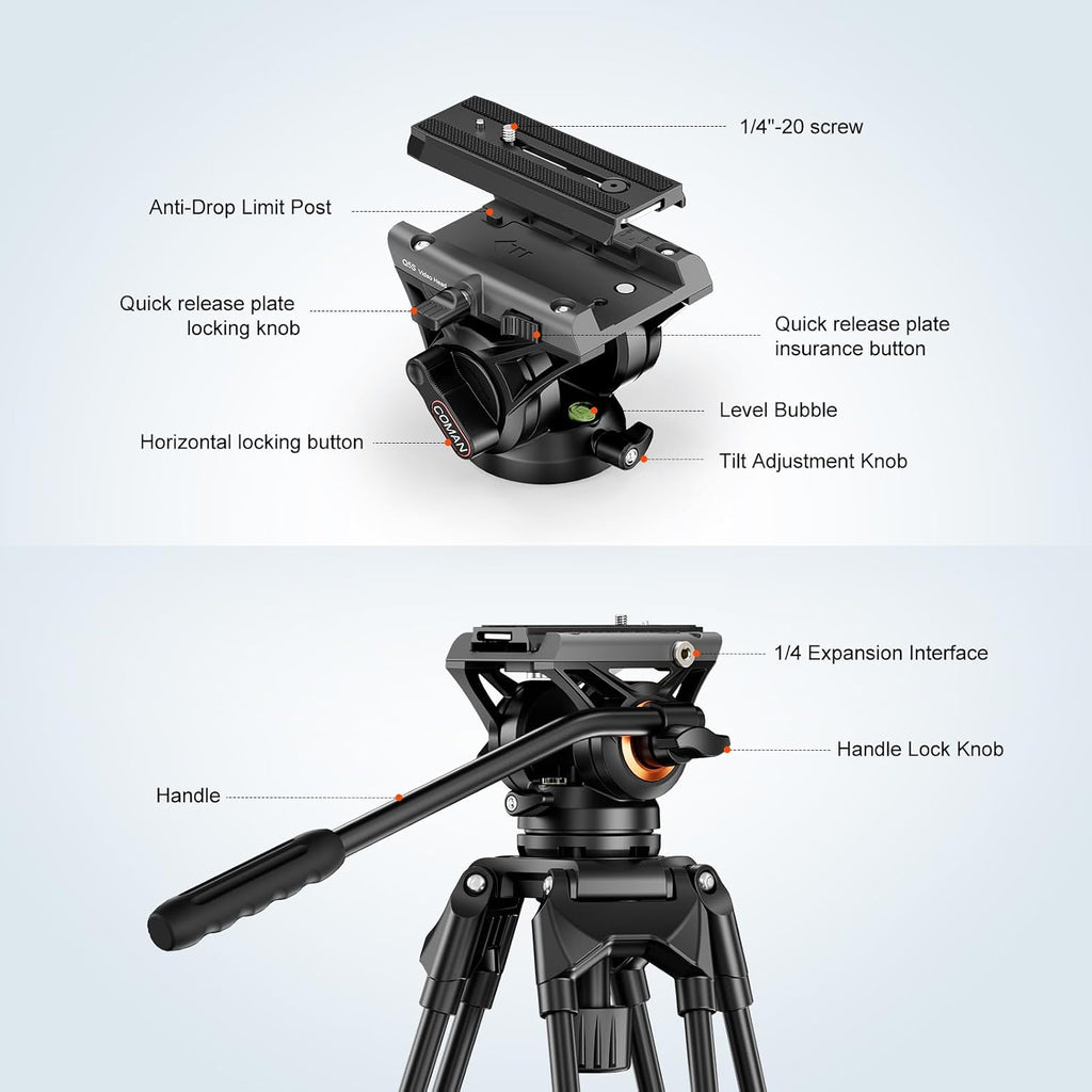 COMAN DF16LS Video Tripod, Heavy Duty Tripod & Fluid Head Max Load 17.6 lbs