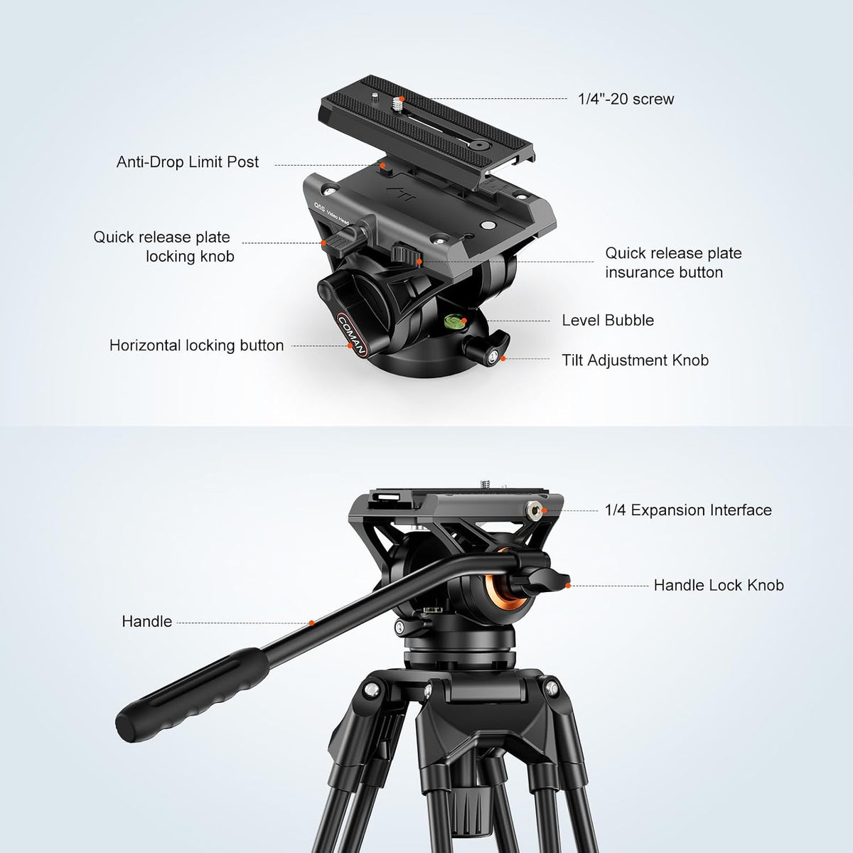 COMAN DF16LS Video Tripod, Heavy Duty Tripod & Fluid Head Max Load 17.6 lbs
