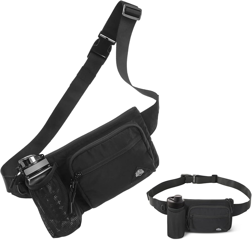 Fanny Pack with Water Bottle Holder for Men Women Waist Bag Running Waist Pack Waterproof for Outdoor Travel Cycling Climbing Walking Fit All Phones (Bottle Not Included)(Black)