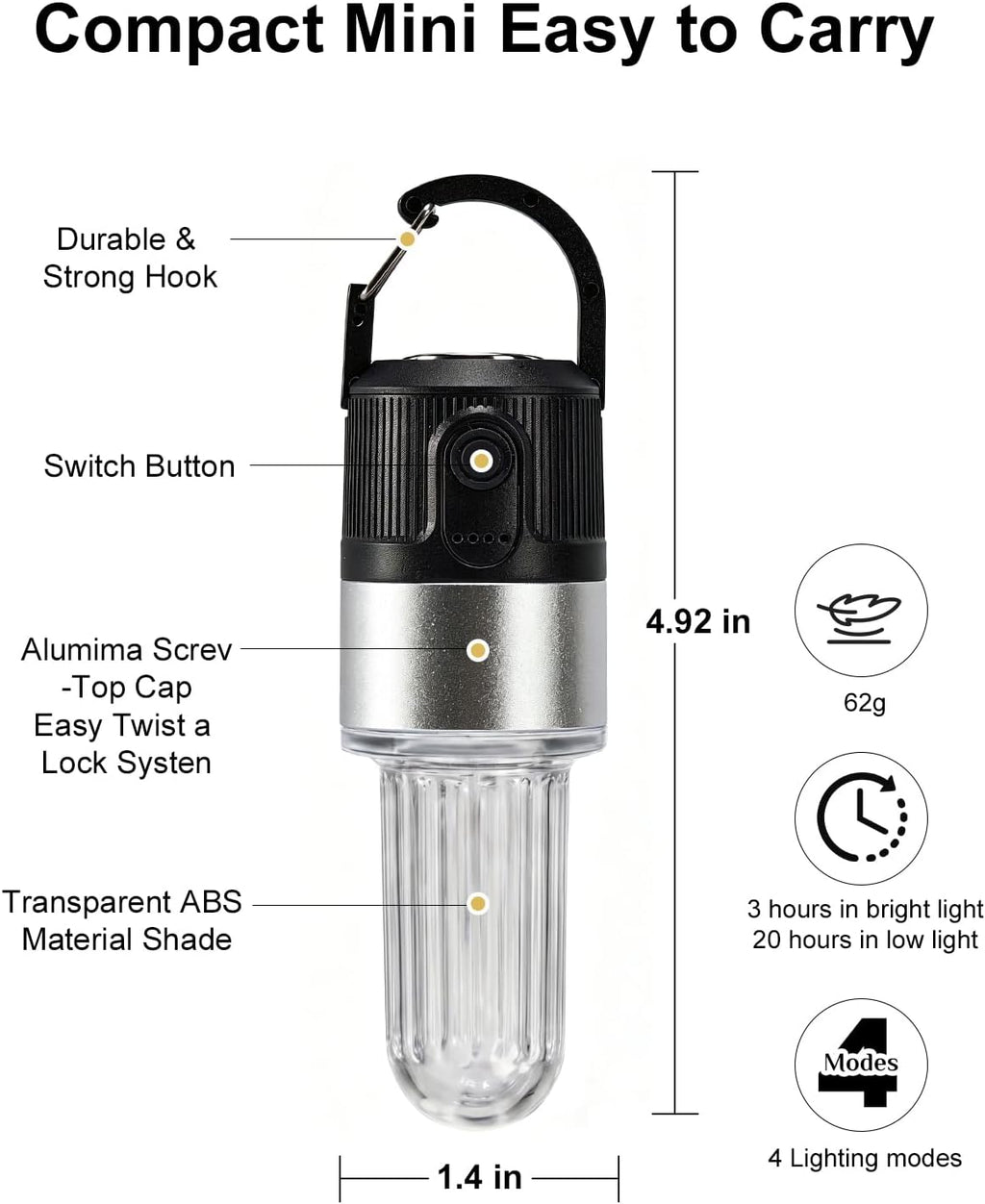 Livinlarge Led Camping Lantern USB Rechargeable with Hook,4 Lighting Modes,