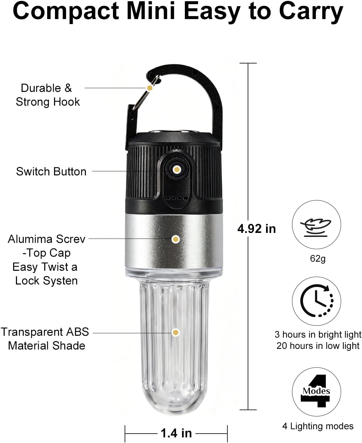 Livinlarge Led Camping Lantern USB Rechargeable with Hook,4 Lighting Modes,