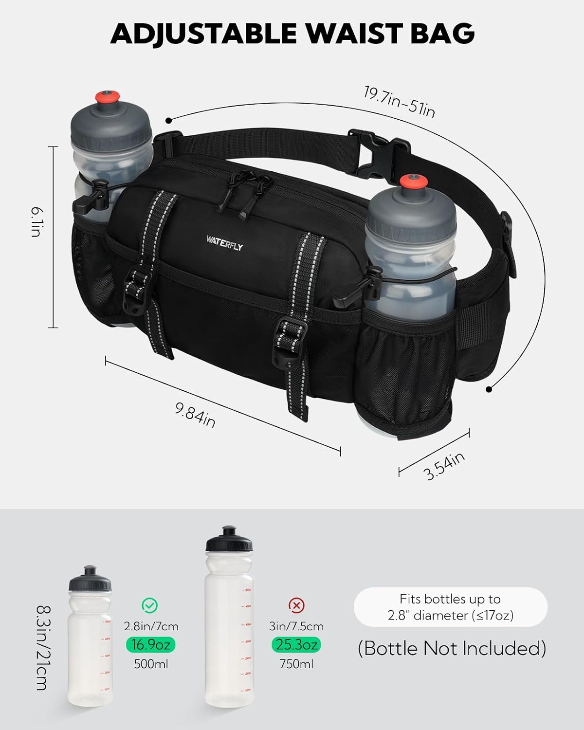 WATERFLY Large Hiking Fanny Pack: 3L Waist Bag with 2 Bottle Holders for Women Men - 9 Pockets & Adjustable Belt Lumbar Hip Packs for Travel Running Cycling Camping Workout (Bottles Not Included)