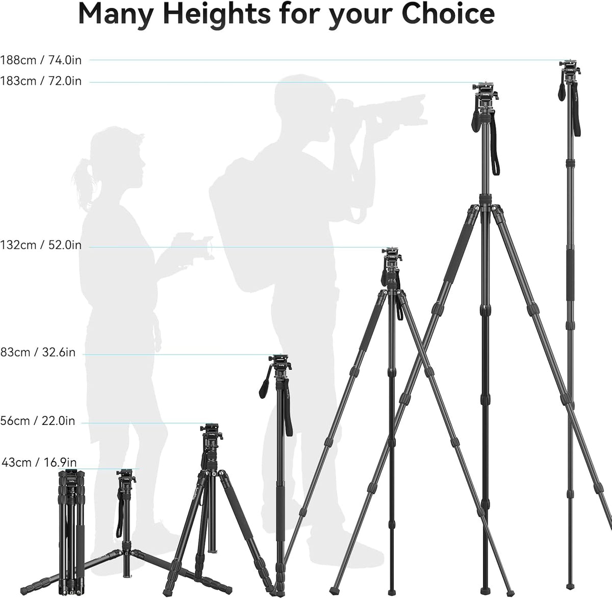 SmallRig CT180 Video Tripod, 72" Camera Tripod Monopod with Fluid Head, Aluminum Camera Tripod, 360° Panorama Fluid Head for Travel, Video, Live Streaming, Vlogging- 3760B