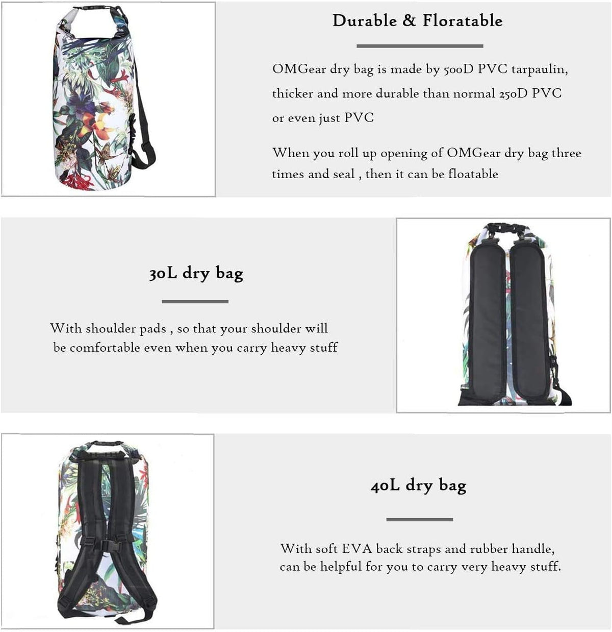 OMGear Waterproof Dry Bag Backpack Phone Pouch 40L/30L/20L/10L/5L Floating Dry Sack for Kayaking Boating Outdoors Activities