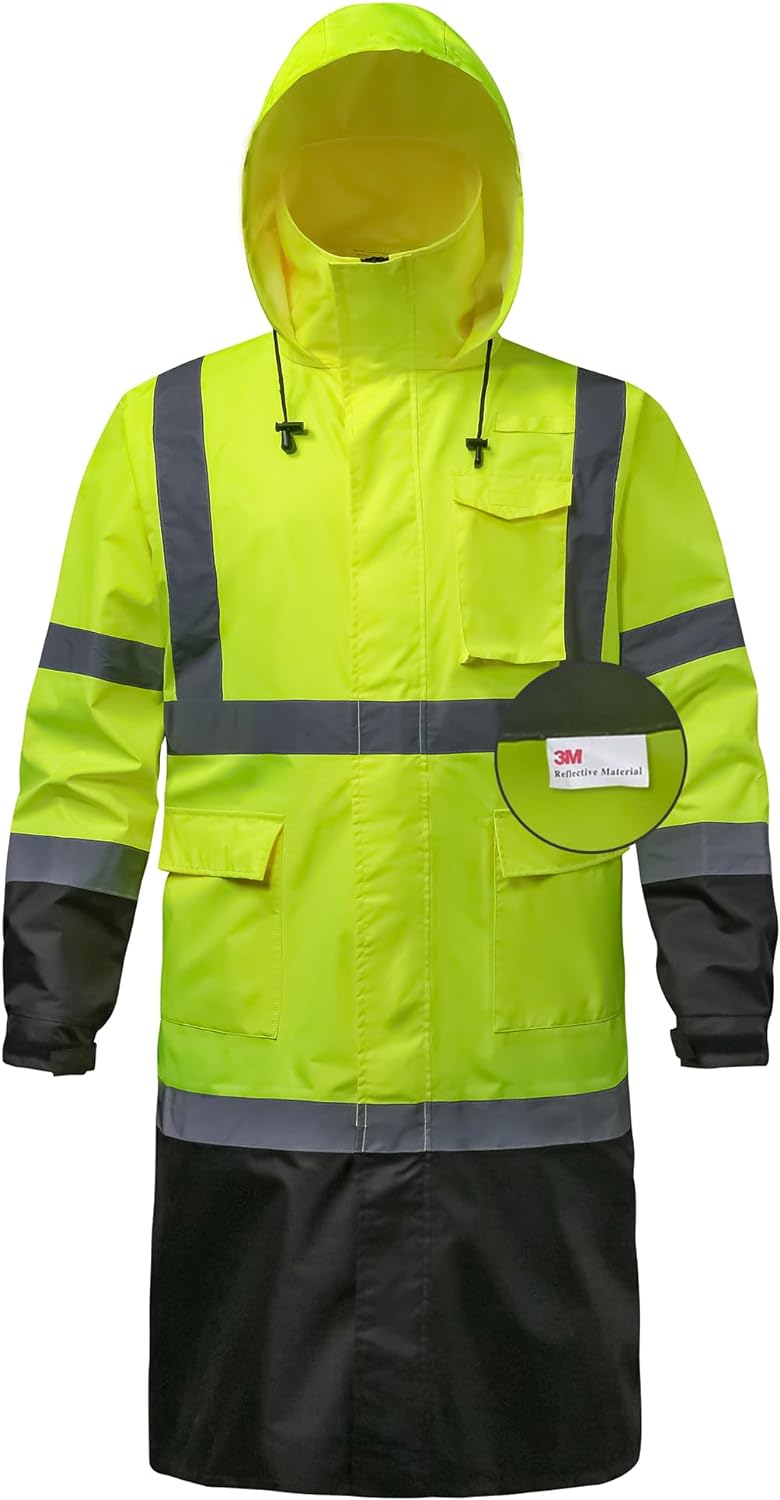 Reflective Rain jackets for men waterproof,Hi Vis Rain Coat With 3M Reflective Strips，High Visibility Class 3 Rain Gear With 2 large pockets，Zipper,Black Bottom Lime,Small