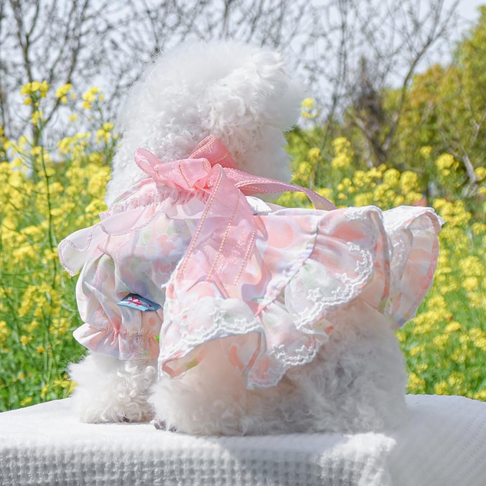 Pink Dog Dress for Small Dog Girl Spring Puppy Clothes with Bow Puff Sleeves Cat Outfit Doggy Princess with Leash Ring Doggies Harness Dress Summer Pet Apparel (Pink, Large)