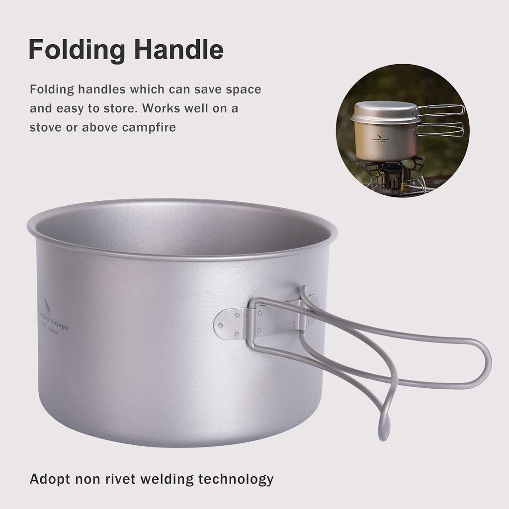 Boundless Voyage Outdoor Titanium Pot with Pan Set with Collapsible Folding Handle for Outdoor Camping Cooking Hiking Backpacking Portable Cookware
