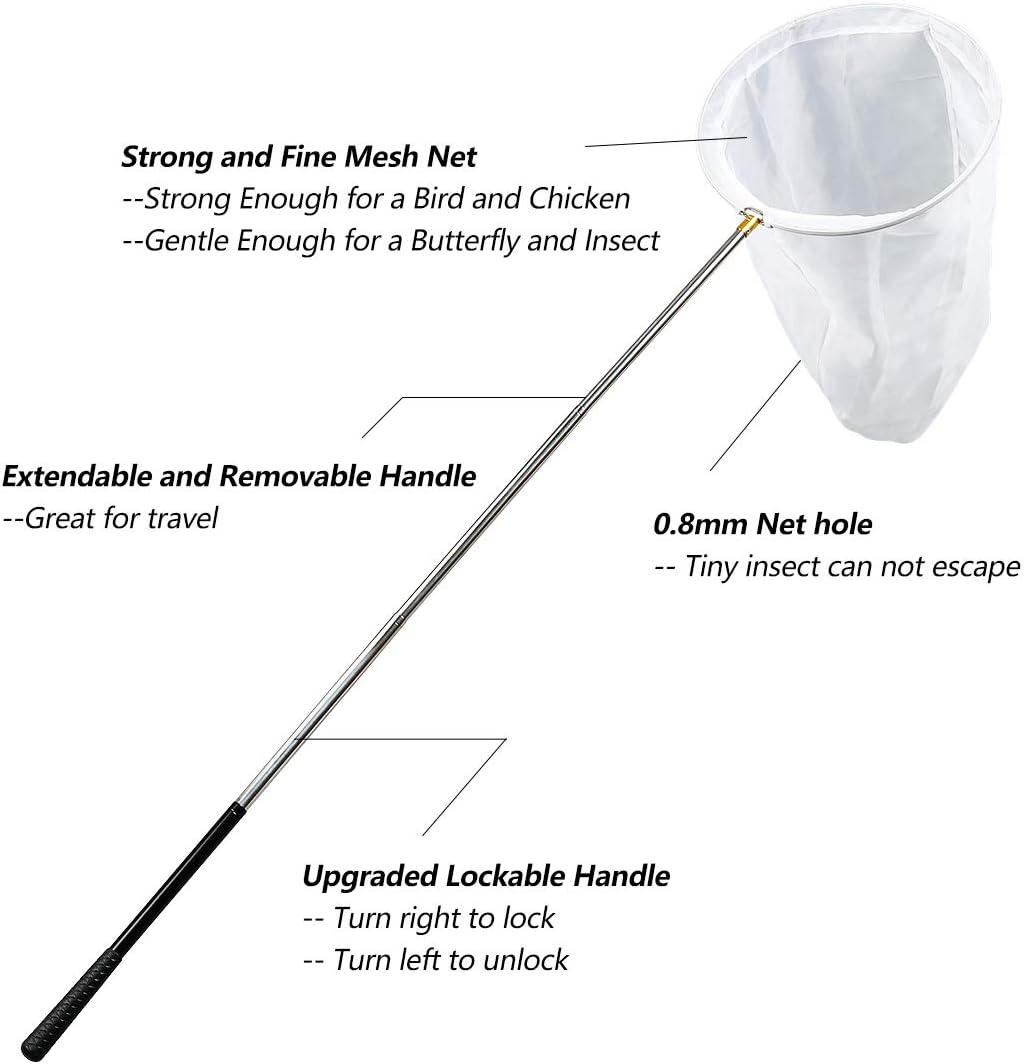 Professional Insect and Butterfly Net with 14" Ring, 26" Net Depth, 59" Telescopic Handle Full Extends to 73" Stainless Lockable
