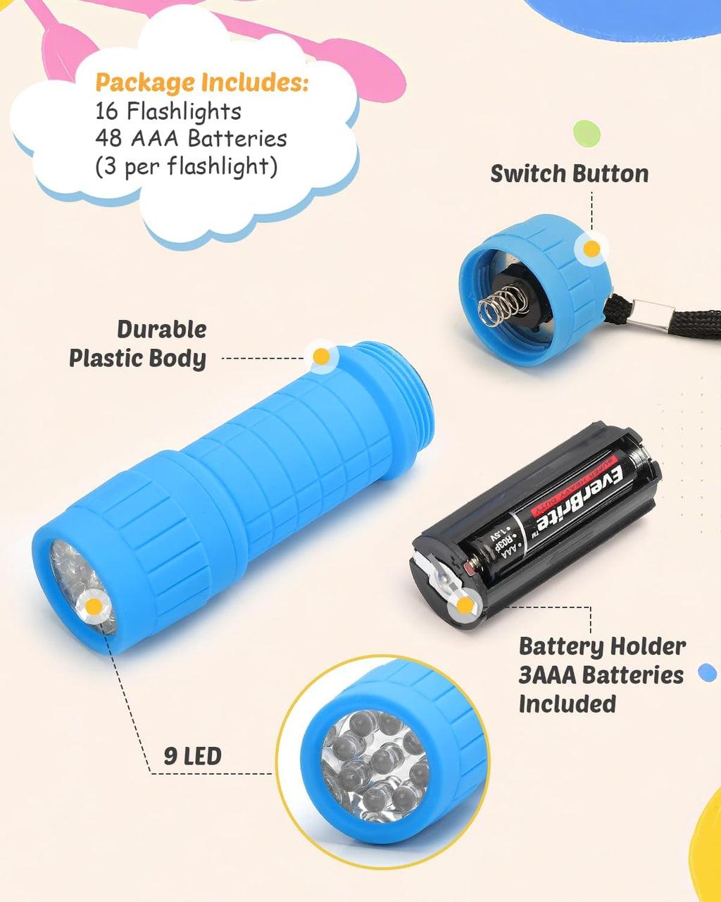 EverBrite 16-Pack Mini LED Flashlights with 48 AAA Batteries Included