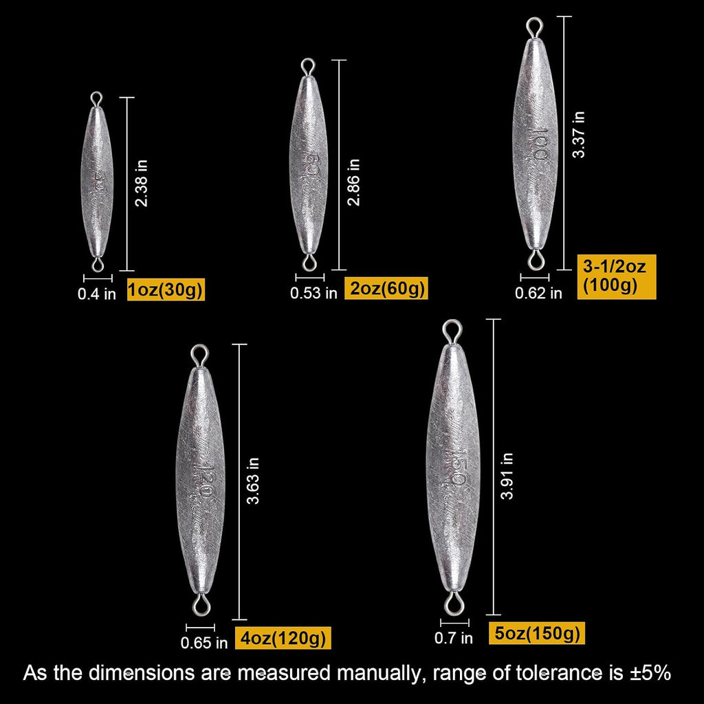Through Wire Inline Torpedo Sinkers, Lead Double Ringed One Piece Wire Saltwater Fishing Torpedo Weights for Bottom Surf Fishing 1oz, 2oz, 3oz, 4oz, 5oz