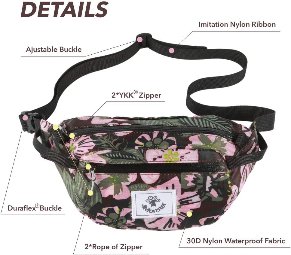4Monster Hiking Waist Packs Portable,Water Resistant Fanny Bag with Adjustable Strap,Lightweight Crossbody Chest Bag Slim Bag