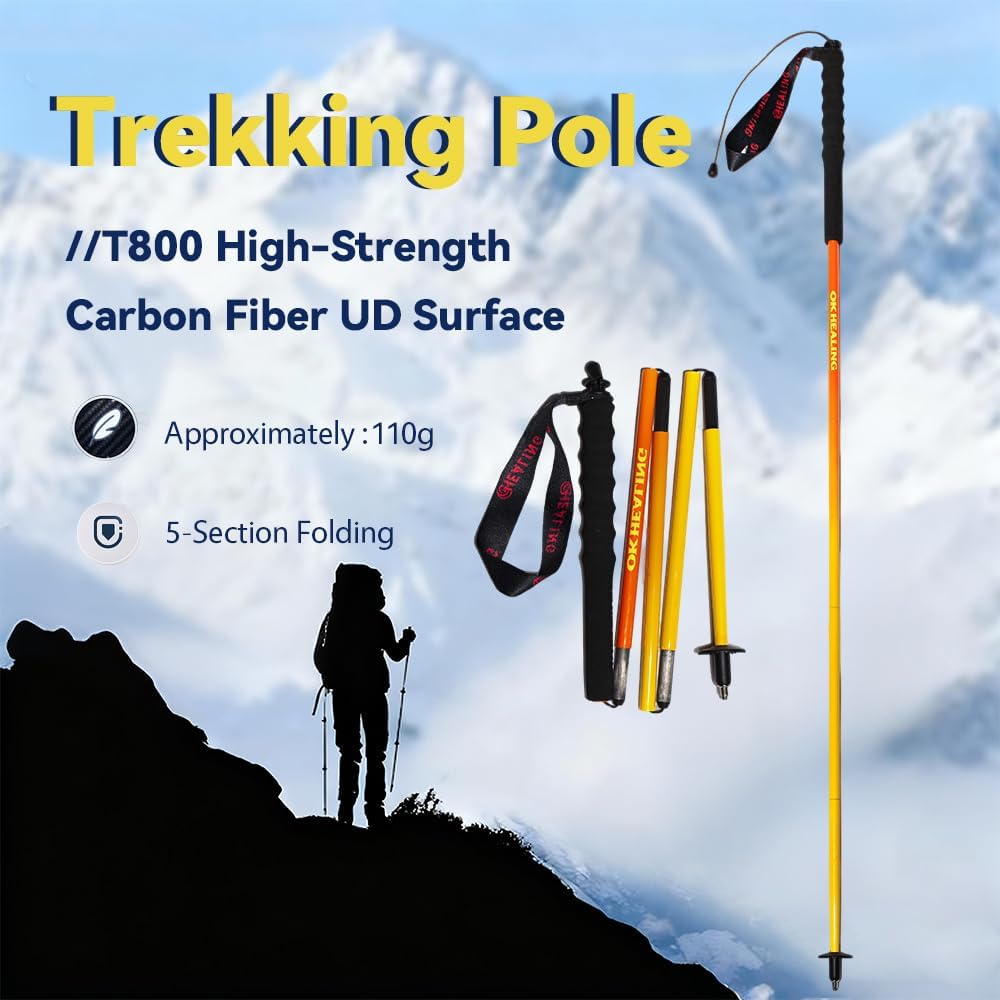 2pc High Strength 5-Section Foldable Carbon Fiber Trekking Poles - 115g/125g/130g, Compact Hiking Staff for Men & Women, Ideal for Hiking, Trekking, Mountaineering & Backpacking