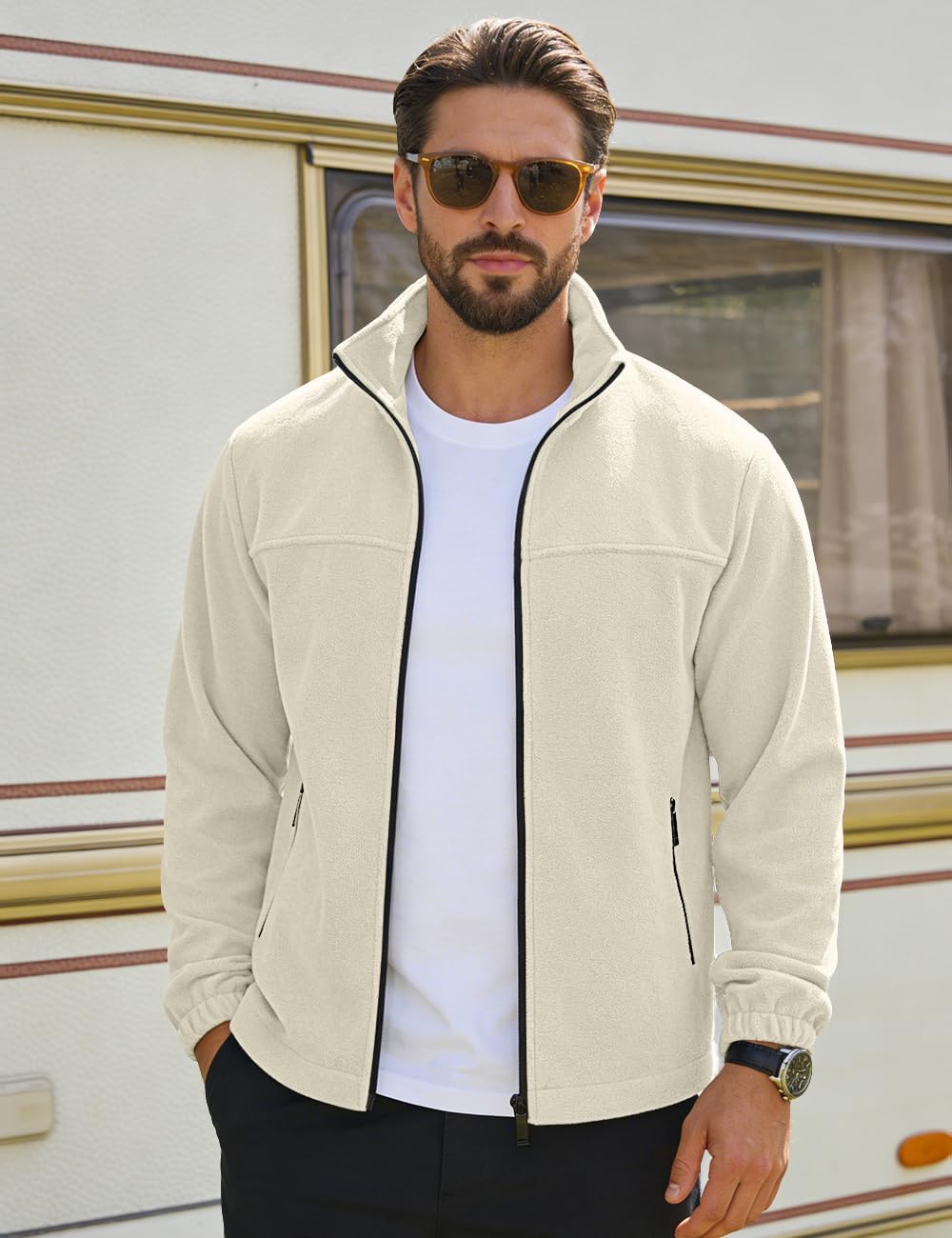Mens Polar Fleece Jacket Full Zip Lightweight Casual Outdoor Jackets Stand Collar Warm Coats with Pockets