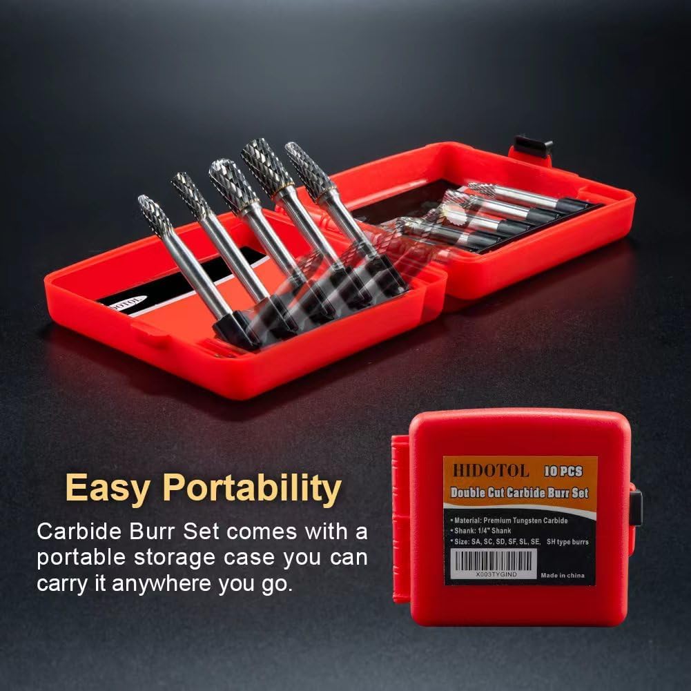 HIDOTOL Carbide Burr Set 1/4" Shank 10PC Tungsten Double Cut Carbide Rotary Burr Set for Metal and Wood Carving, Grinding, Polishing, Engraving, Drilling in Plastic Box.