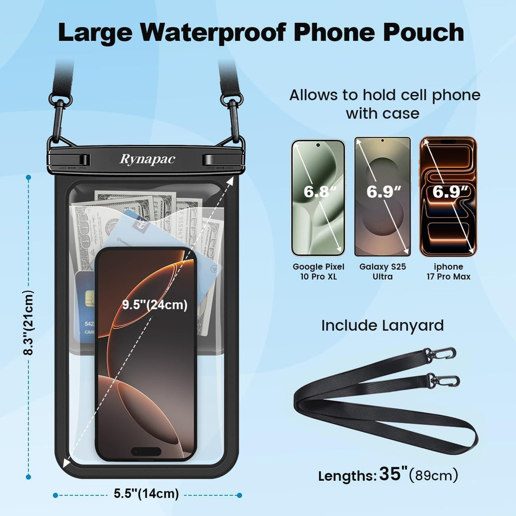 Rynapac Large Waterproof Phone Pouch Up to 10", 2 Pack IPX8 Protector Pouch