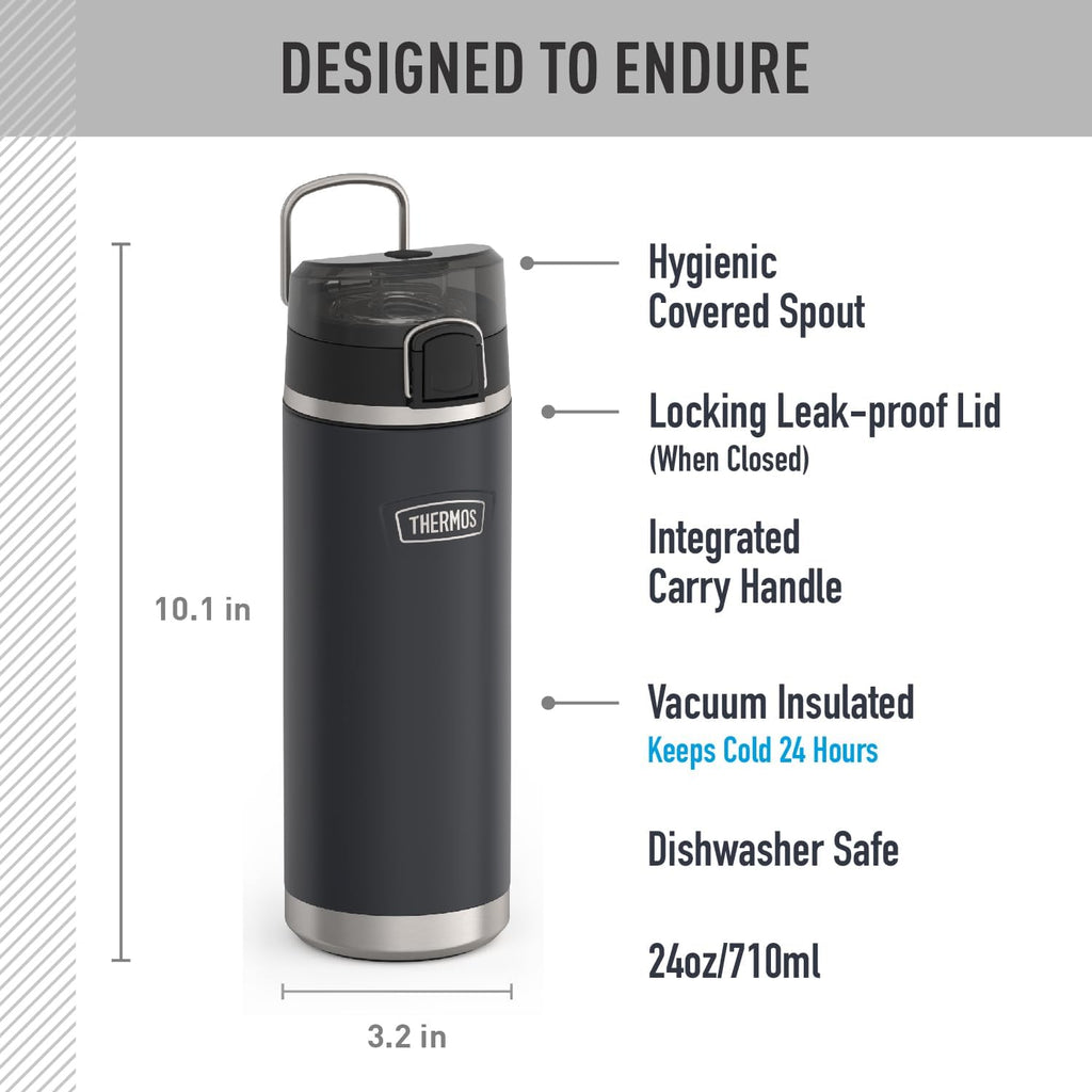 THERMOS ICON SERIES Stainless Steel Water Bottle with Spout - 24 Ounce, Granite - Vacuum Insulated Water Bottle with Lid