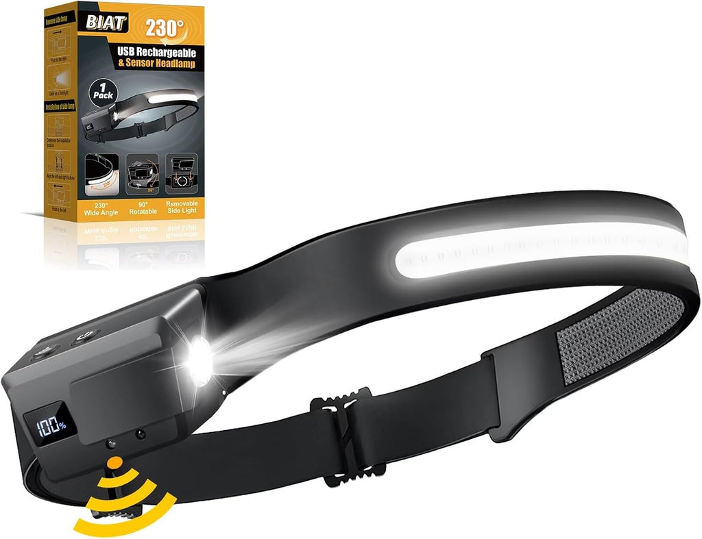 LED Headlamp Rechargeable, 230° Wide Beam Headlight with Motion Sensor, 90° Rotation and Removable Head Lights for Forehead, 5Mode Head Lamp for Adults, Camping Essentials Gear for Hiking