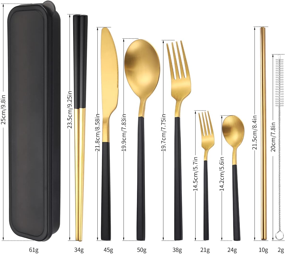AARAINBOW 6 Pieces Stainless Steel Flatware Set Portable Reusable Cutlery Set Travel Utensils Set Including Chopsticks Knife Fork Spoon Straws Cleaning Brush Dishwasher Safe (B-Black golden)