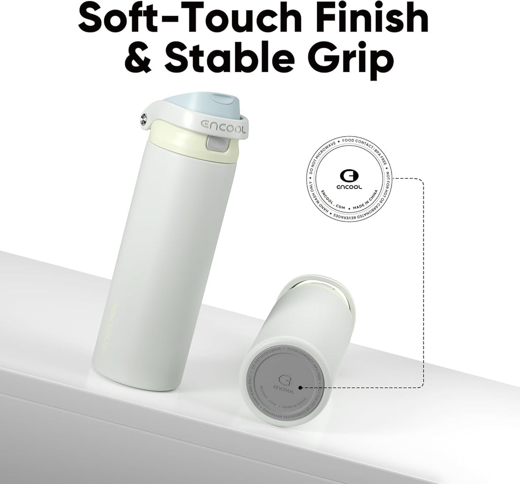 ENCOOL Leakproof Insulated Water Bottle with Straw Dual-Sip Water Bottle Bag-Safe Design for Work, Commute & Gym – Keeps Drinks Cold All Day, 24 oz, Cloud-Hill White