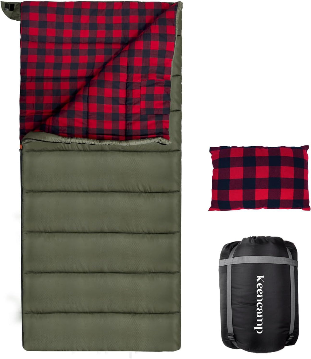 Keencamp 0 Degree Sleeping Bag Cotton Flannel Winter Cold Weather for Adults XXL Sleeping Bag 4 Season Big and Tall with Pillow Compression Sack