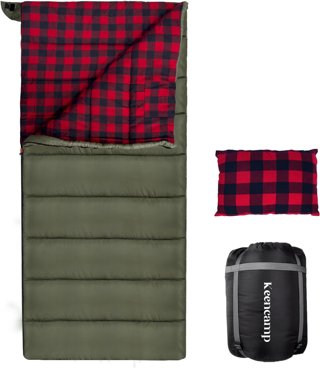 Keencamp 0 Degree Sleeping Bag Cotton Flannel Winter Cold Weather for Adults XXL Sleeping Bag 4 Season Big and Tall with Pillow Compression Sack