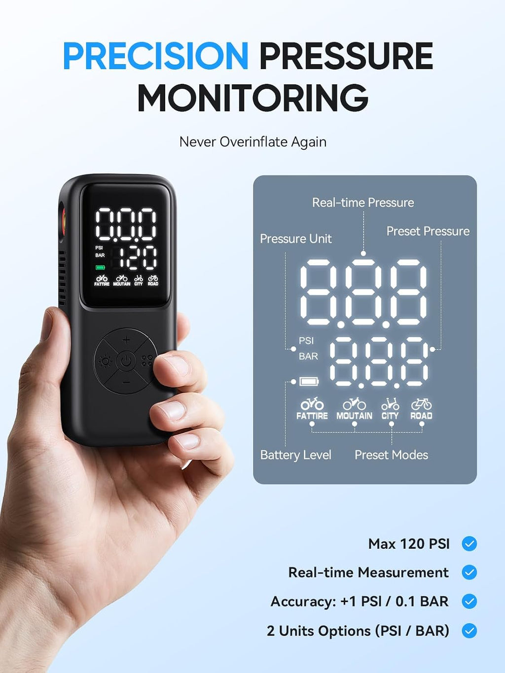 GPUTEK Mini Electric Bike Pump,120 PSI Bike Pump Portable with Guage