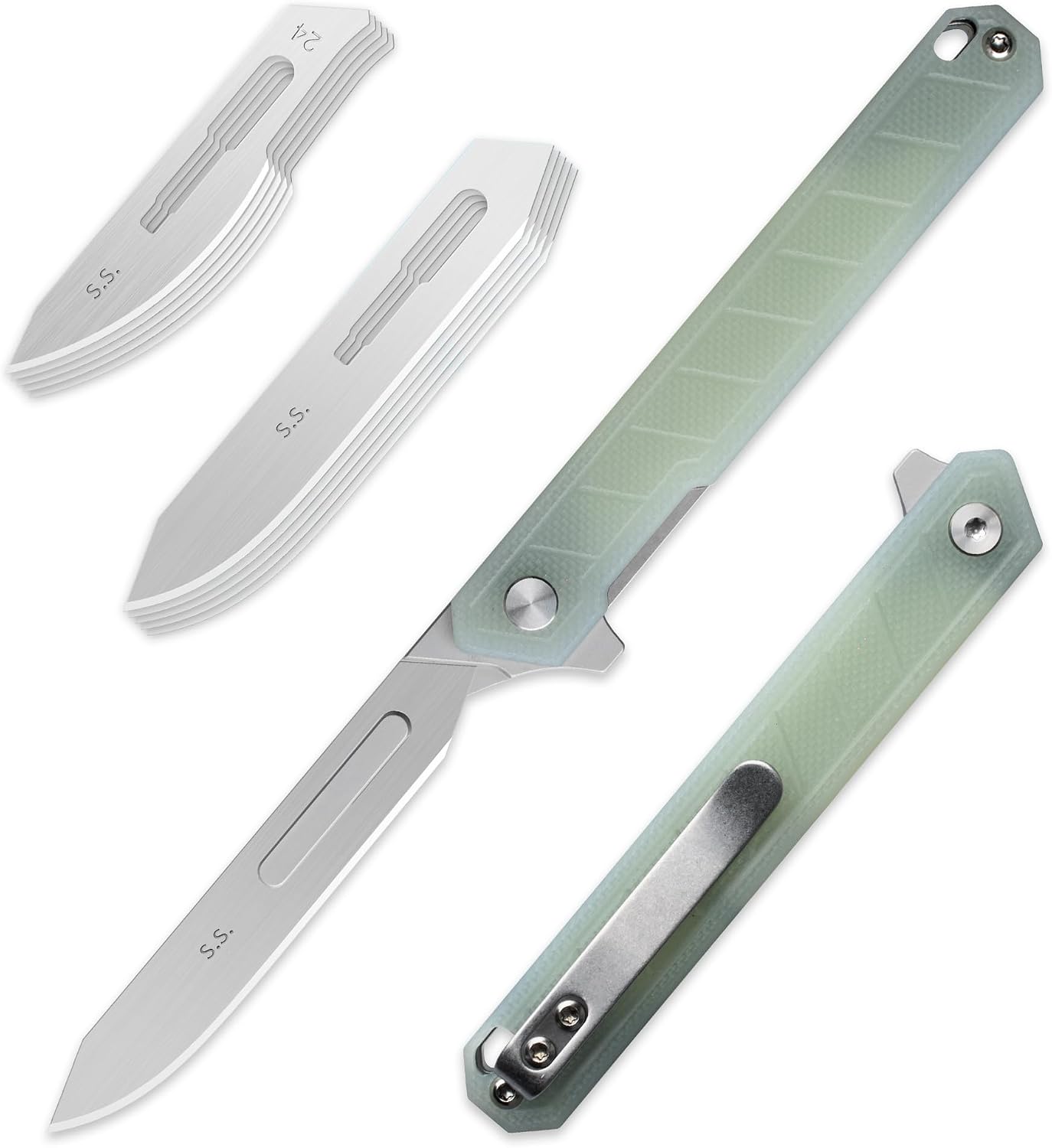 OLITANS G046 Mecha Mini Slim Folding Scalpel with 5pcs #24 and 5pcs #60 G10 Handle with Liner Lock, Utility EDC Pocket Knife with Back Clip（Jade Color）