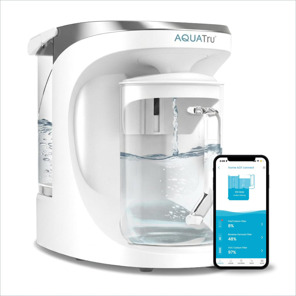 AquaTru Glass Carafe Alkaline Countertop Reverse Osmosis Water Purifier | 4 Stage RO System | Removes 84 Contaminants Including PFOA & PFOS (PFAS), Lead and Microplastics | Adds Alkaline Minerals