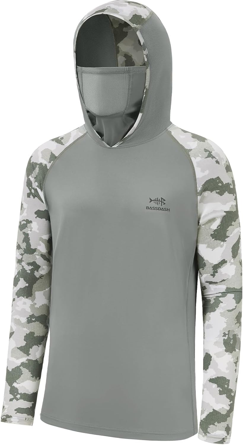BASSDASH Men's UPF 50+ Camo Hoodie Shirt with Mask Long Sleeve Sun Protection Neck Gaiter Hooded Tee for Fishing Hiking