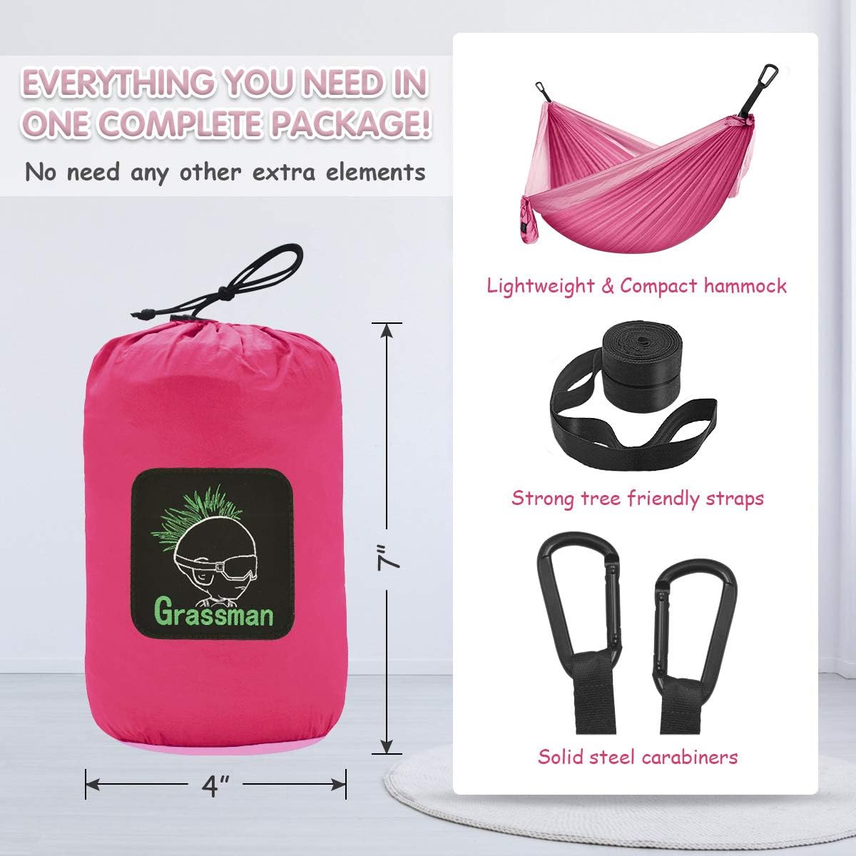 GRASSMAN Kids Hammock-Small Camping hammocks, Portable Camping Gear for Child Indoor/Outdoor use, with Tree Straps & Carabiners Pink