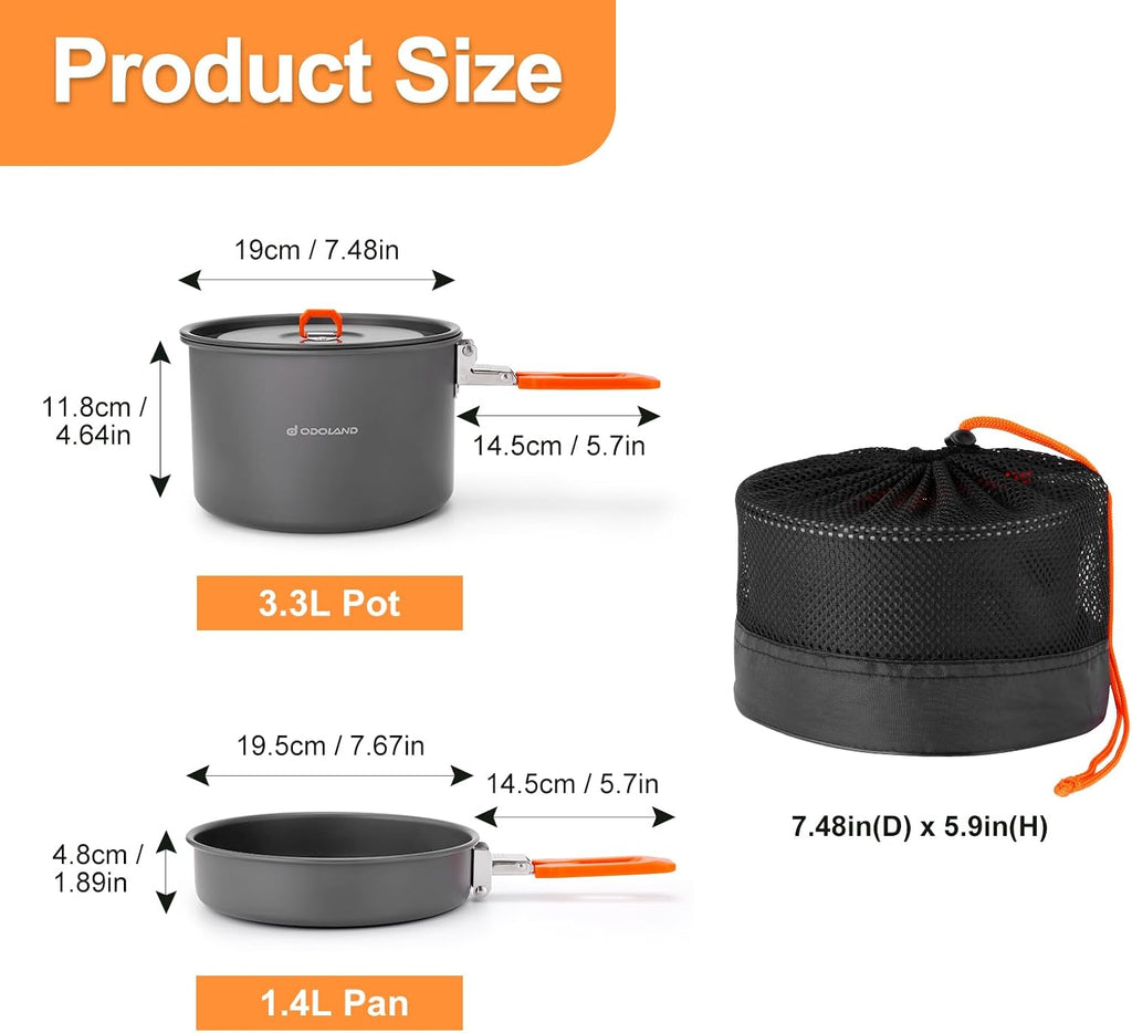 Odoland 15pcs Camping Cookware Mess Kit, Lightweight Pot Fry Pan Set