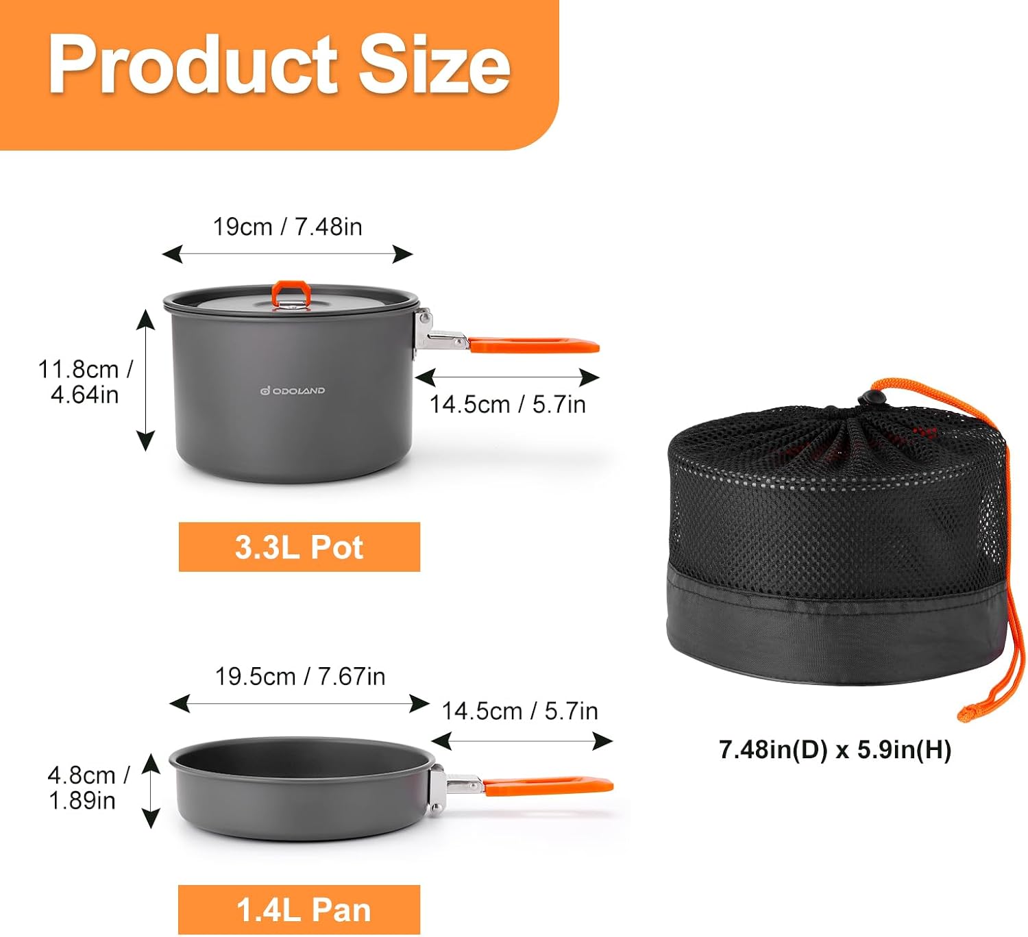 Odoland 15pcs Camping Cookware Mess Kit, Lightweight Pot Fry Pan Set