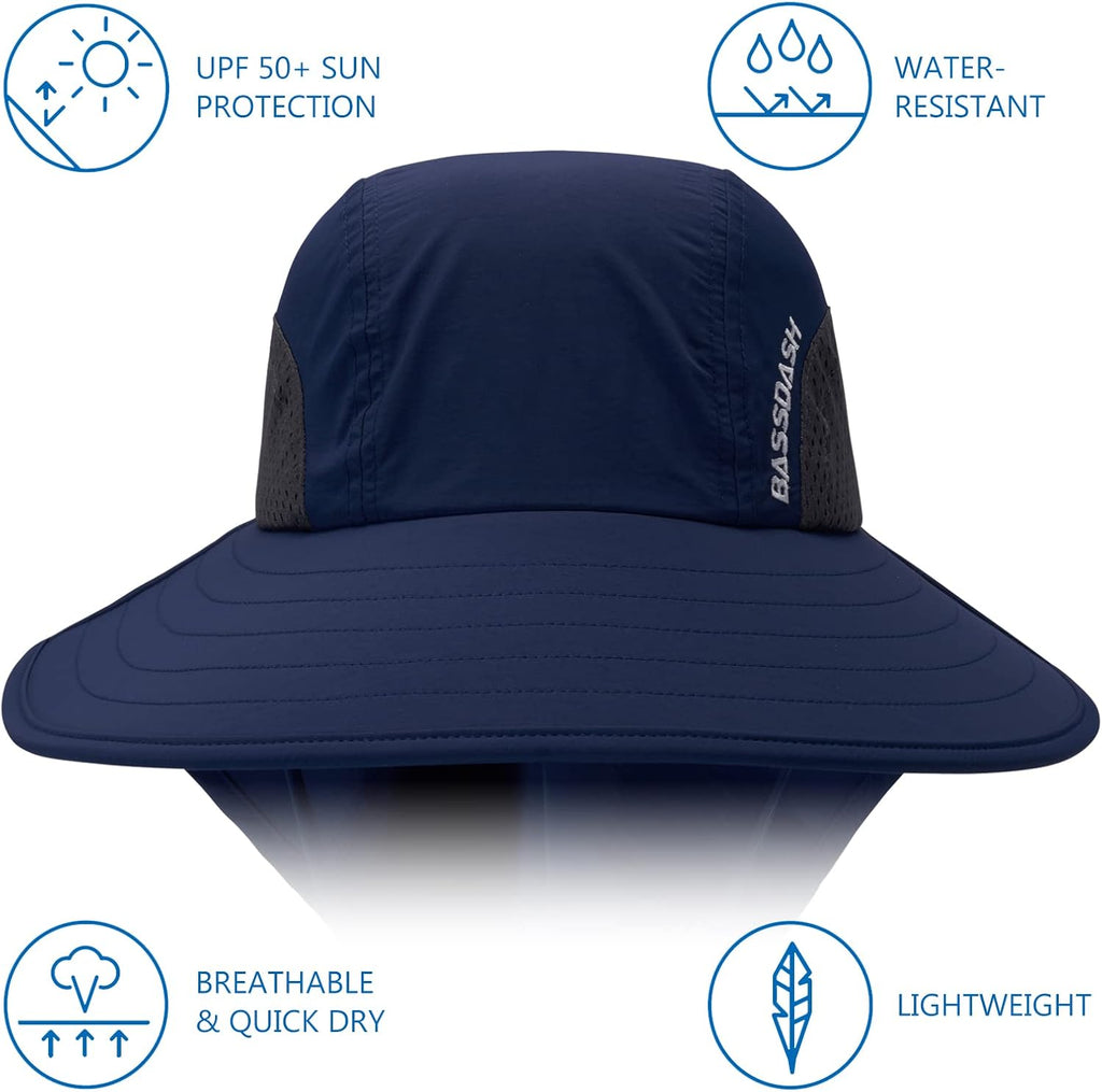 BASSDASH UPF 50+ Unisex Water Resistant Wide Brim Sun Hat with Large Neck Flap Ponytail Fishing Hat for Men Women