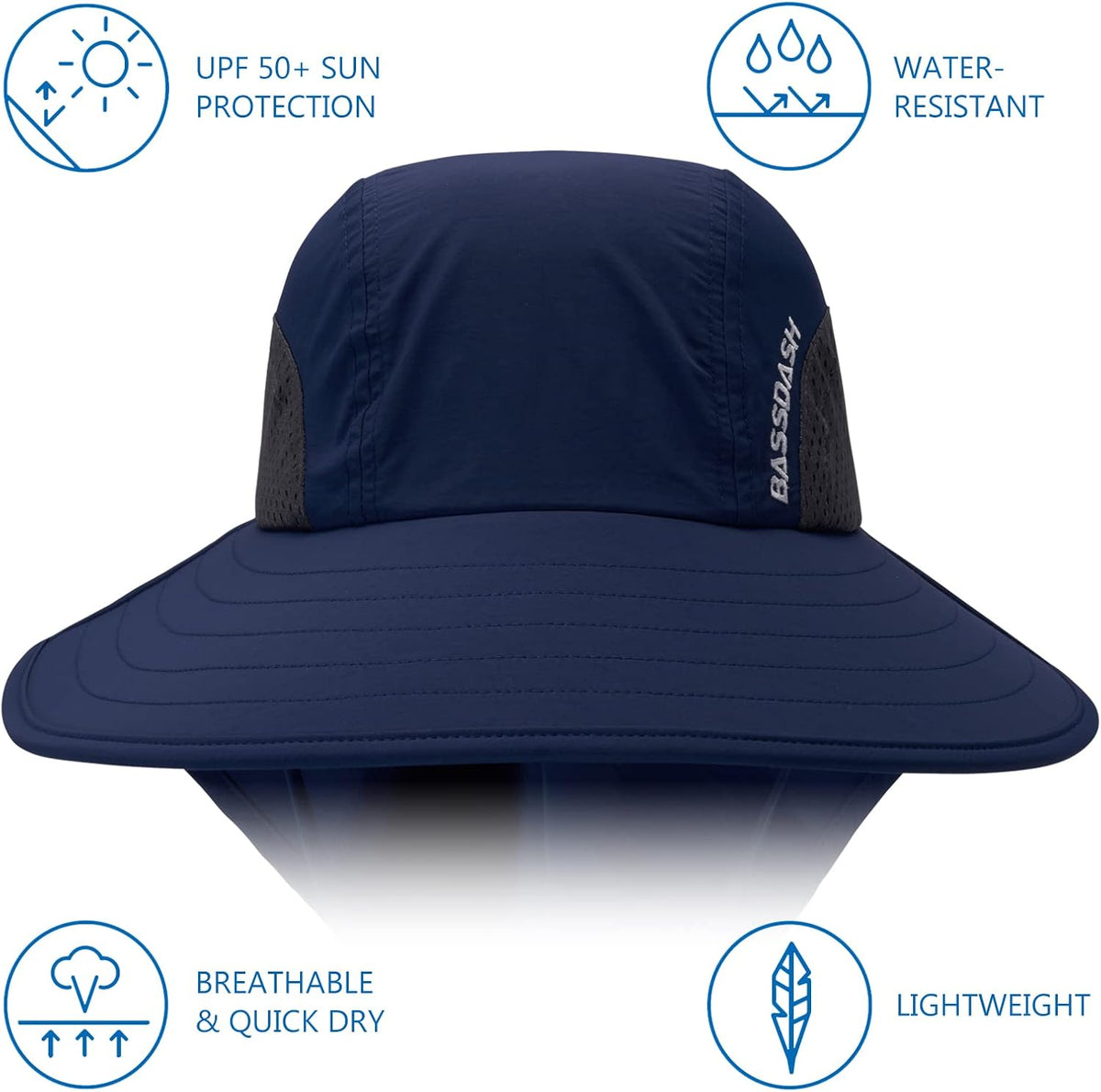 BASSDASH UPF 50+ Unisex Water Resistant Wide Brim Sun Hat with Large Neck Flap Ponytail Fishing Hat for Men Women