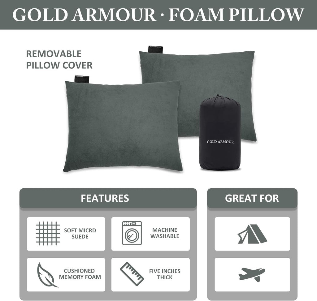 Gold Armour Camping Pillow Memory Foam - Compact Compressible Backpacking, Hammock, and Travel Pillows for Kids and Adults - Essential Outdoor & Camping Gear (Small 12 x 16in, Gray)