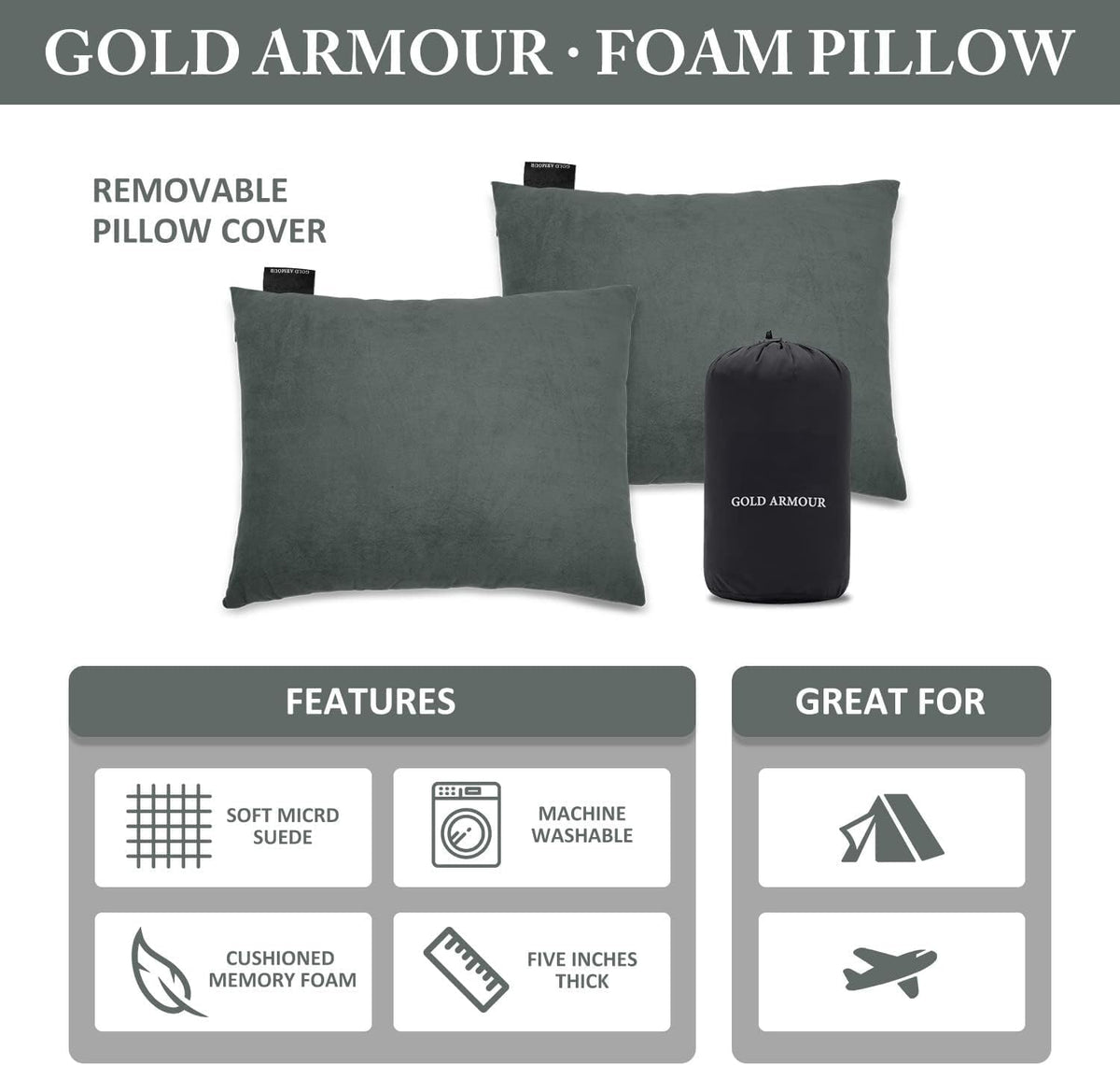Gold Armour Camping Pillow Memory Foam - Compact Compressible Backpacking, Hammock, and Travel Pillows for Kids and Adults - Essential Outdoor & Camping Gear (Small 12 x 16in, Gray)