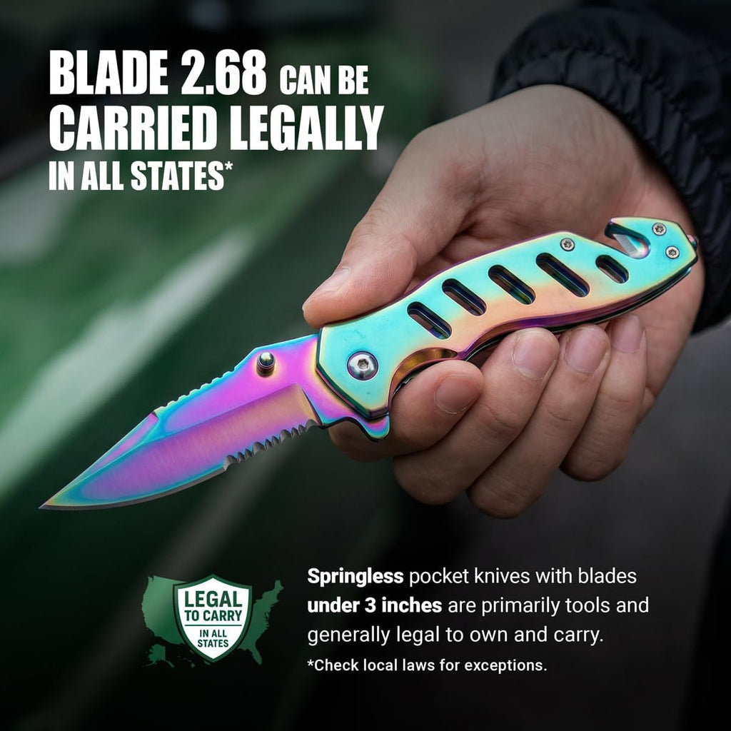Legal Rainbow Pocket Knife with Glass Breaker Seatbelt Cutter - 2.68 Inch Sharp Serrated Blade - Cute Small Folding Womens Knives for Self Defense EDC Camping - Food Processing Cake Knives 6655 R