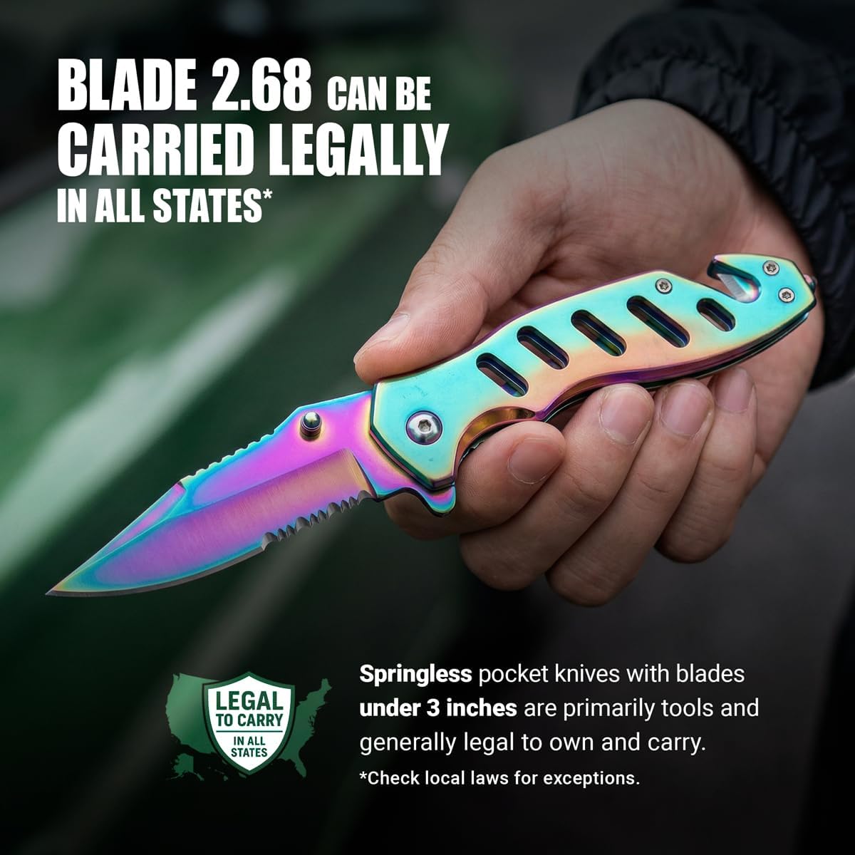 Legal Rainbow Pocket Knife with Glass Breaker Seatbelt Cutter - 2.68 Inch Sharp Serrated Blade - Cute Small Folding Womens Knives for Self Defense EDC Camping - Food Processing Cake Knives 6655 R