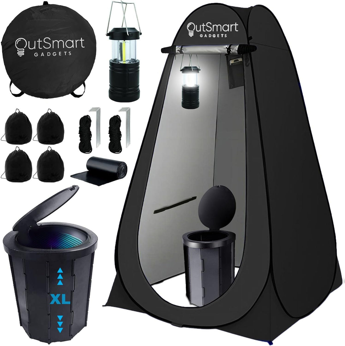 Outsmart Gadgets Outdoor Portable Toilet Set for Adults with Camping Night Lantern, Folding XL Toilet, Pop Up Privacy Tent and Carry Bags, Multipurpose Potty, Washable and Foldable for RV Travel