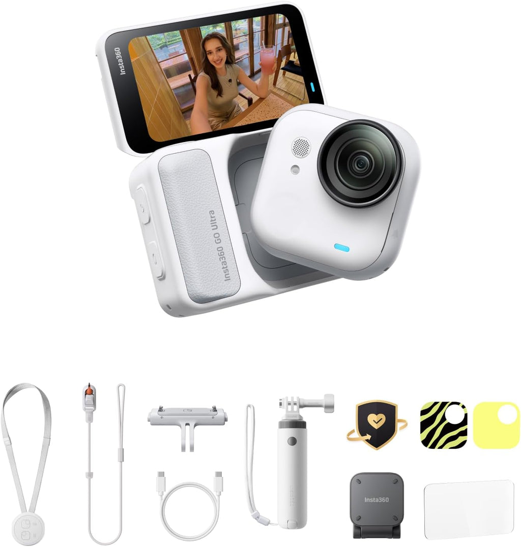 Insta360 GO Ultra Lifestyle Bundle - Small 4K Vlogging Camera, Hands-Free, POV Cam, 1/1.28" Sensor, 53g Lightweight, 156° FOV, 200 Min Battery Life, Care, Magnetic Wearable Action Camera for Sports