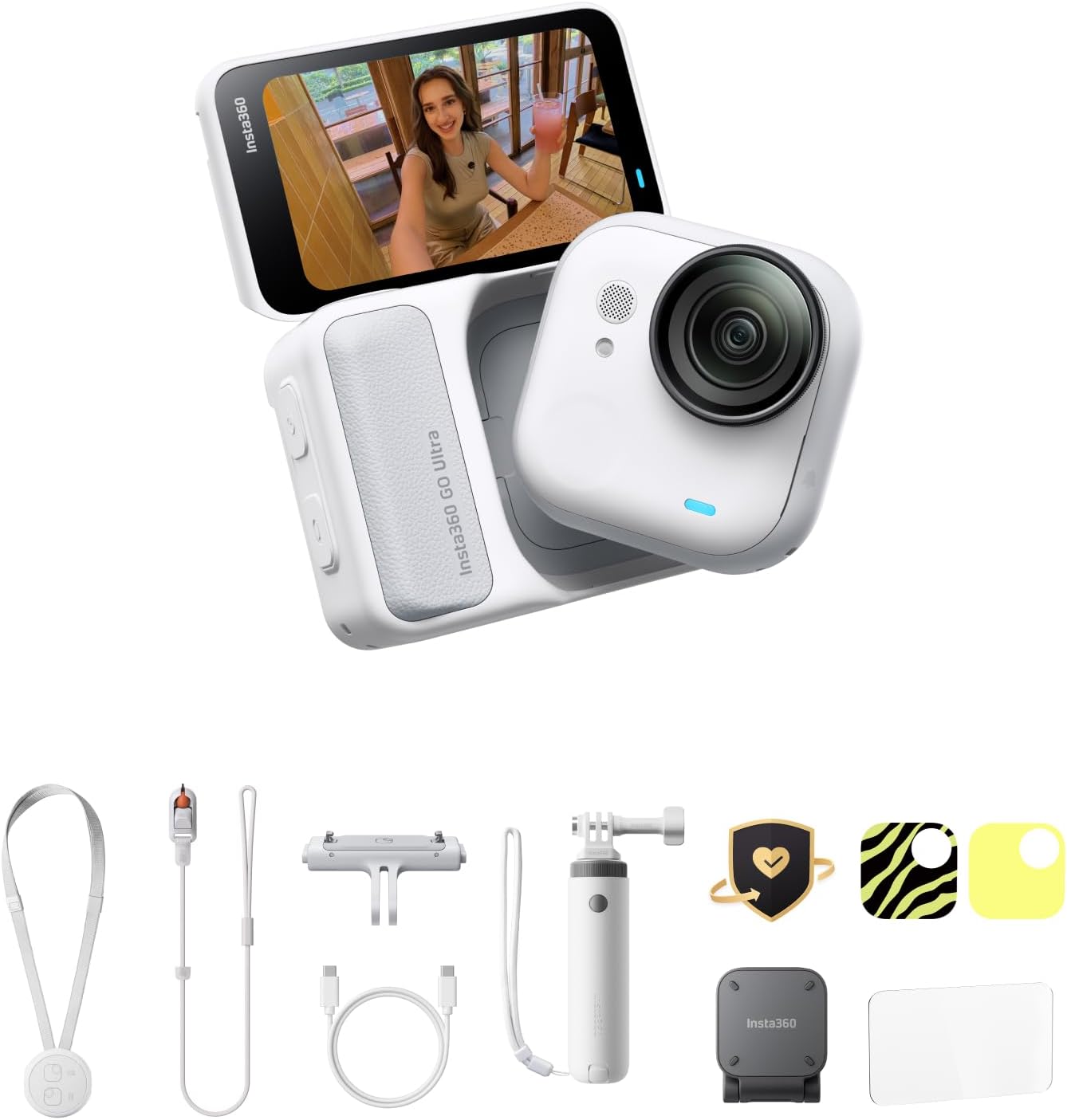 Insta360 GO Ultra Lifestyle Bundle - Small 4K Vlogging Camera, Hands-Free, POV Cam, 1/1.28" Sensor, 53g Lightweight, 156° FOV, 200 Min Battery Life, Care, Magnetic Wearable Action Camera for Sports
