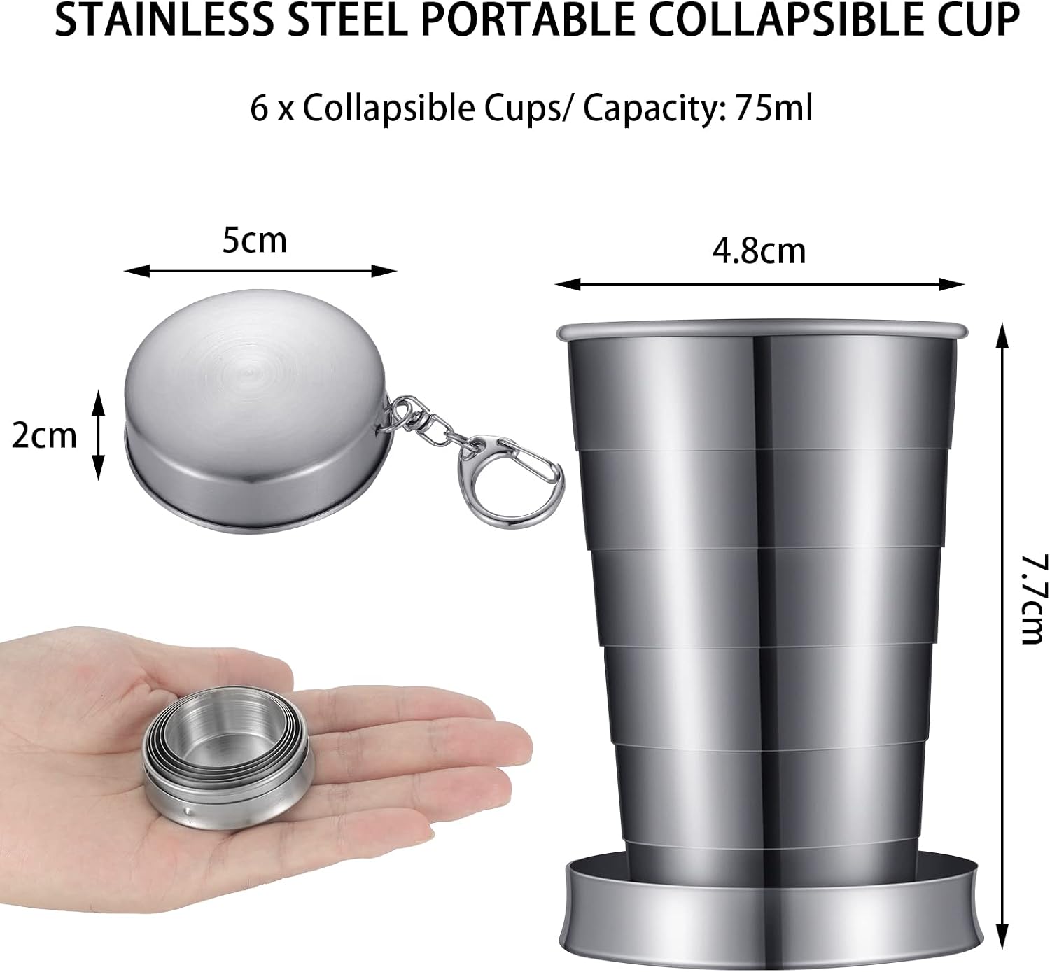 Tessco for you 6 Pieces Collapsible Shot Glasses Stainless Steel Collapsible Cup Reusable Portable Travel Folding Cup with Lid and Keychain for Camping Hiking Cycling(2.5 oz)