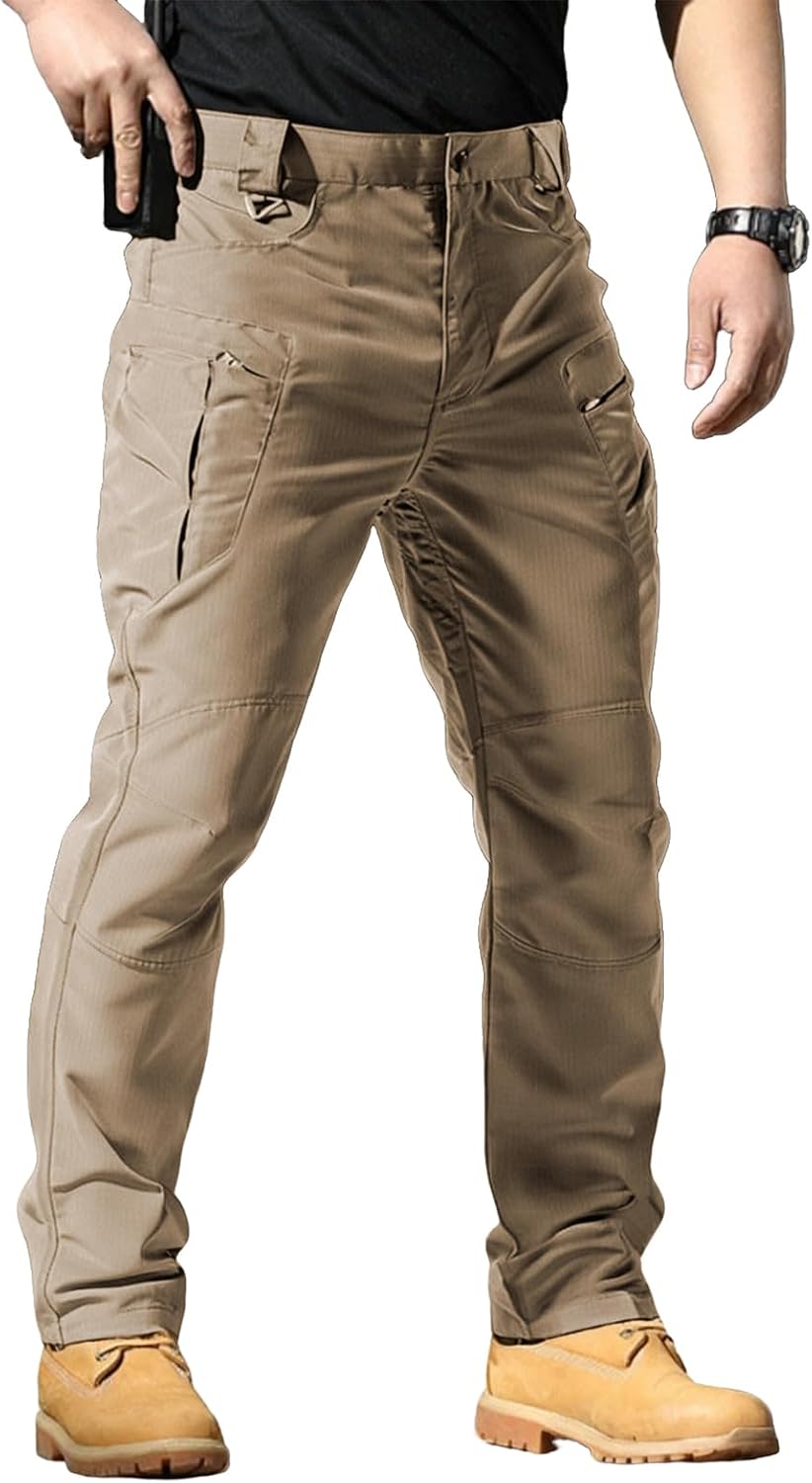 Men's Stretch Tactical Pants Waterproof Ripstop Fabric Cargo Pants Lightweight Casual Hiking Outdoor Work Pants (No Belt)