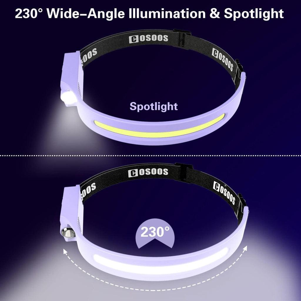 COSOOS 2 LED Headlamp Rechargeable Flashlight, Bright Headlights Adjustable Headband for Women,1000 Lumen Wide Beam & Spot Light, Motion Sensor, 2.4 oz Lightweight Camping Gear Essentials