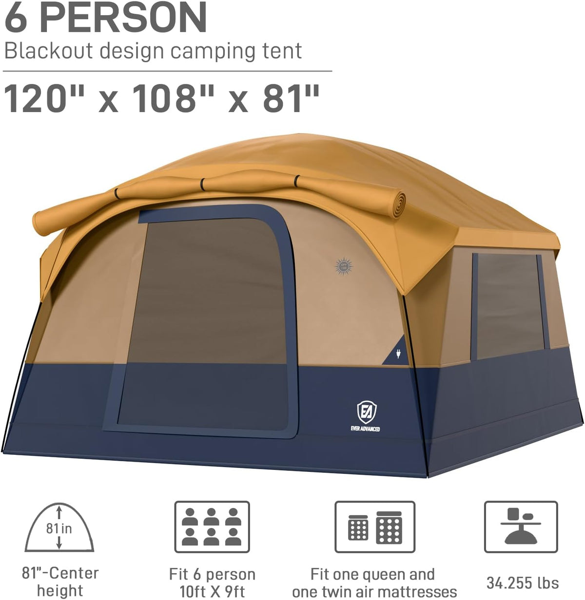 EVER ADVANCED Blackout Design 6 Person Camping Tent with 80 sq.ft Massive Vestibule, Large Mesh Screen Room, 81in Tall Expanded Headroom, Blackout Coating, 4000mm Water-Resistant Compact Orange