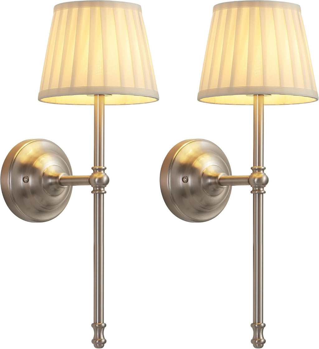 KDG Nickel Cordless Wall Sconces Set of 2, Beige Fabric LED Wall Lamp