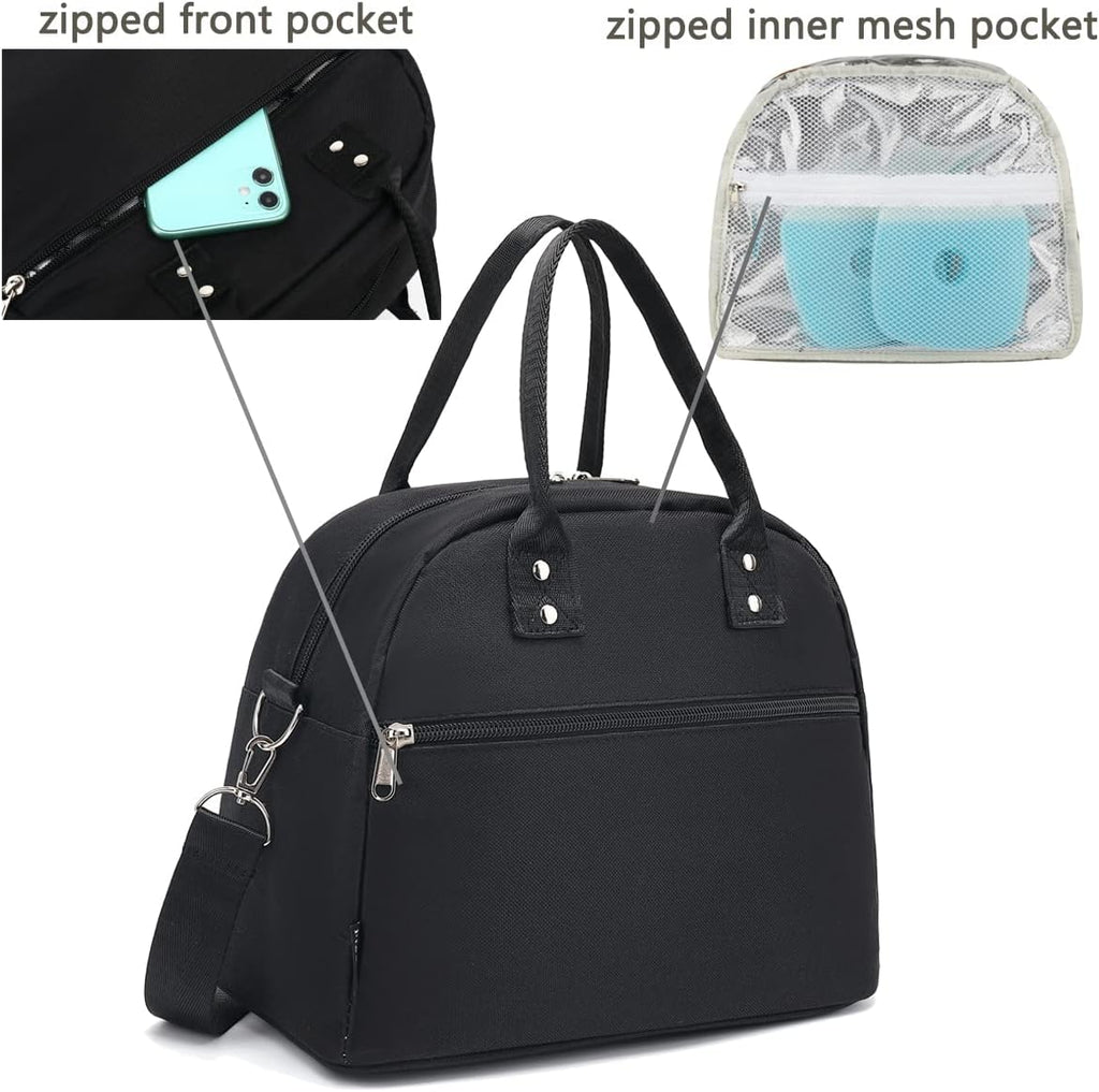 FlowFly Insulated Lunch Bag With Shoulder Strap for Women, Men, and Kids, Large and Reusable, Handle, Freezable Work and School Travel Tote and Meal Prep Organizer (Black)