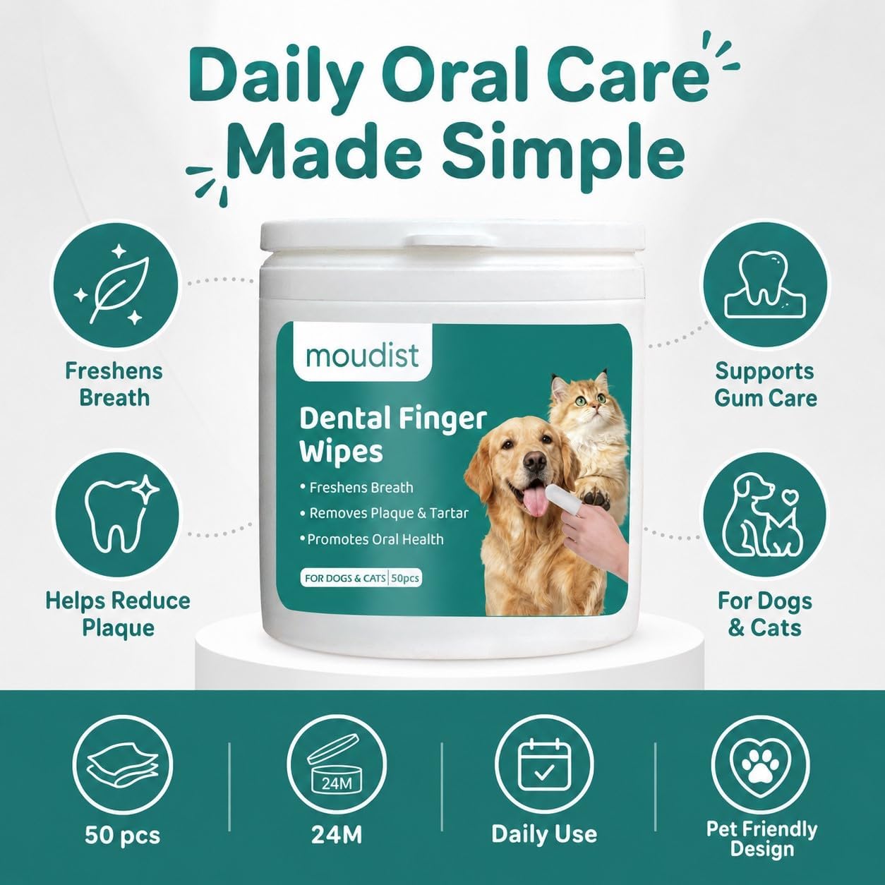 Dental Finger Wipes for Dogs & Cats, 50 Count, Pet Teeth Cleaning Wipes, Helps Remove Plaque & Tartar, Freshens Breath, Daily Oral Care